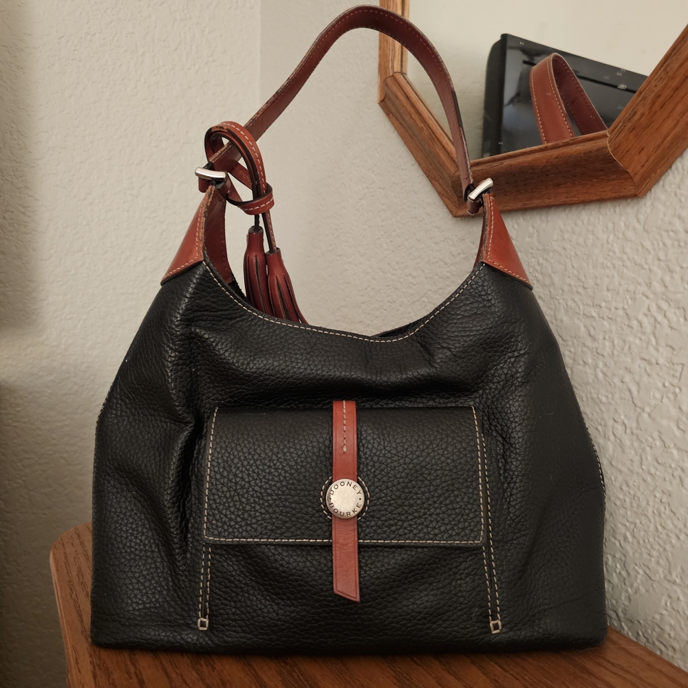 Dooney & Bourke Black Pebbled Leather Hobo Shoulder Bag Brown Trim Classic
